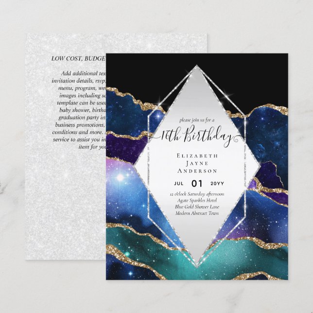 BUDGET 16th Birthday Glittery AGATE Sparkle Invite (Front/Back)