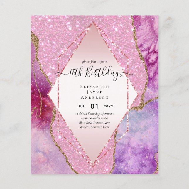BUDGET 16th Birthday Glittery AGATE Sparkle Invite Flyer (Front)