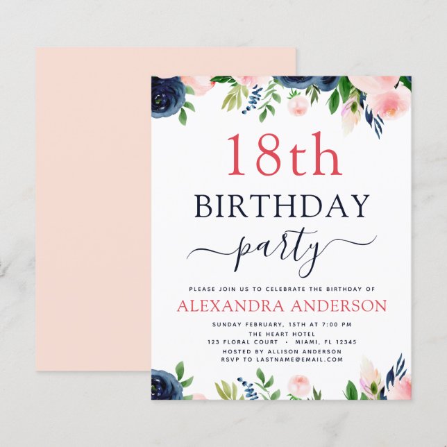 Budget 18th Birthday Navy Blue Blush Pink Floral (Front/Back)