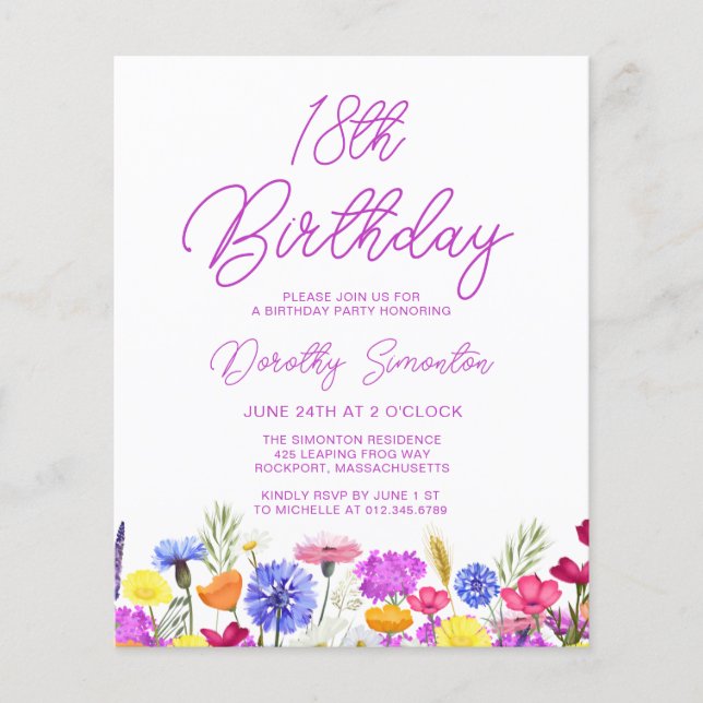 BUDGET 18th Birthday Purple Wildflower Invitation (Front)