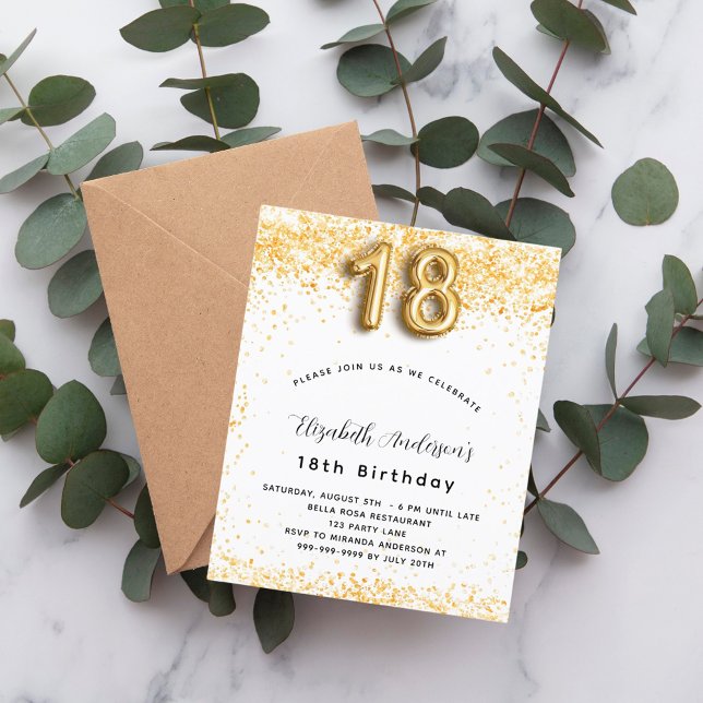 Budget 18th birthday white gold glitter invitation (Creator Uploaded)