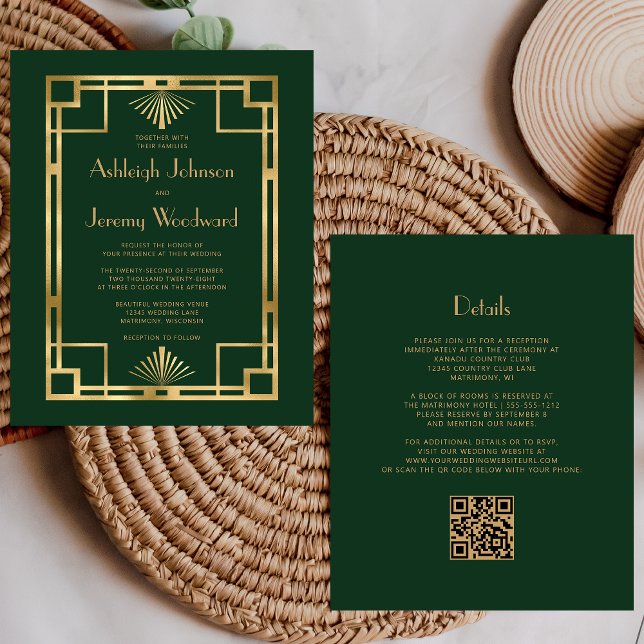Budget 1920s Vintage Green Gold QR Code Wedding (Creator Uploaded)