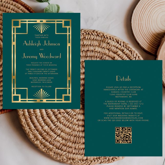 Budget 1920s Vintage Teal Gold QR Code Wedding (Creator Uploaded)