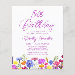 BUDGET 19th Birthday Purple Wildflower Invitation