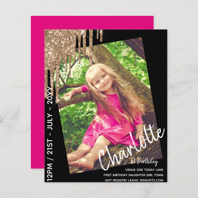 BUDGET 1st Birthday Girl One Today PHOTO Invite (Front/Back)