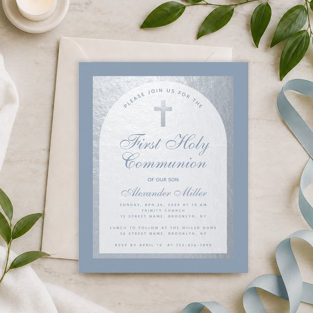 Budget 1st Communion Dusty Blue Silver Invitation (Creator Uploaded)