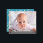 Budget 1st Hanukkah Photo Gold Star of David Card<br><div class="desc">“My First Hanukkah.” A playful visual of faux gold foil snowflakes, Stars of David and white handwritten script typography, overlaying the photo of your choice, help you usher in Hanukkah and New Year. On the back, additional champagne faux gold snowflakes overlay a soft, turquoise blue background. Feel the warmth and...</div>