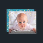 Budget 1st Hanukkah Photo Gold Star of David Card<br><div class="desc">“My First Hanukkah.” A playful visual of faux gold foil snowflakes, Stars of David and white handwritten script typography, overlaying the photo of your choice, help you usher in Hanukkah and New Year. On the back, additional champagne faux gold snowflakes overlay a soft, turquoise blue background. Feel the warmth and...</div>