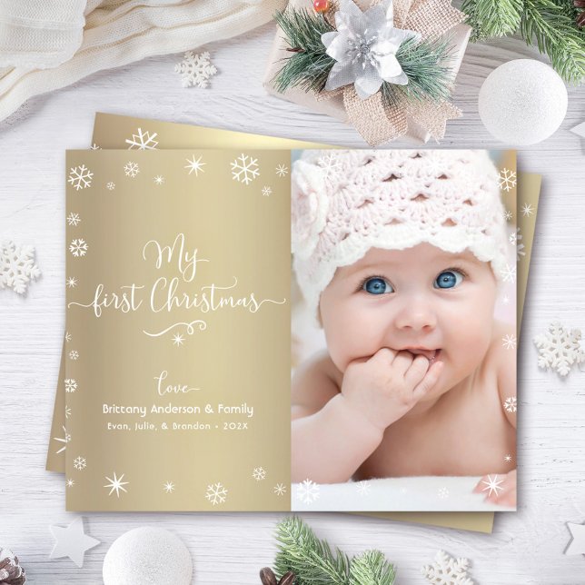 Budget 1st Holiday Baby Photo Snowflakes Gold Card (Creator Uploaded)
