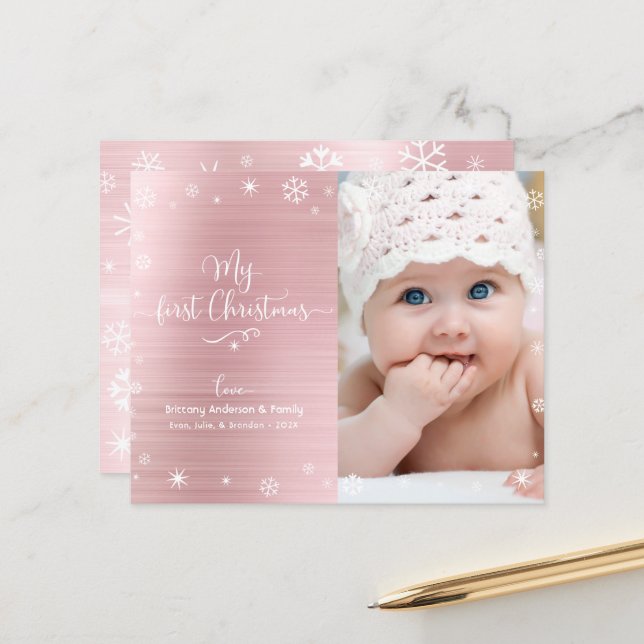 Budget 1st Holiday Baby Photo Snowflakes Pink Card (Front/Back In Situ)