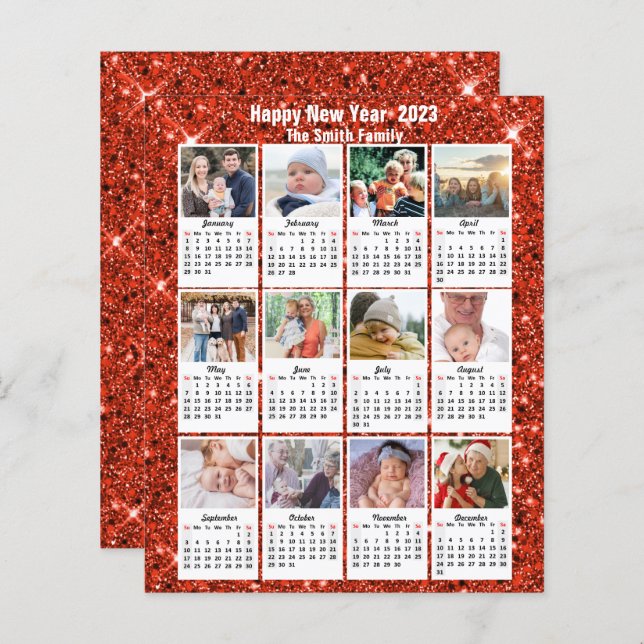 Budget 2023 Calendar 12 Photo Red Glitter Card (Front/Back)