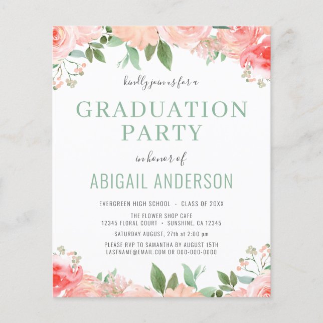 Budget 2023 Coral Floral Graduation Invitation Flyer (Front)