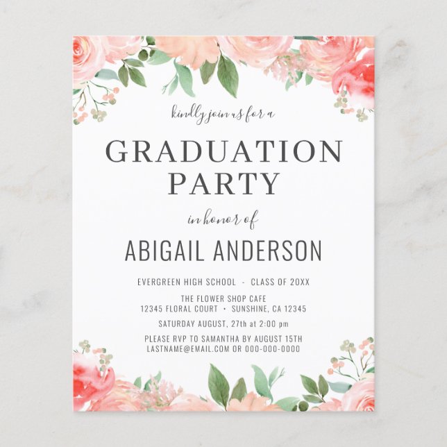 Budget  2023 Coral Floral Graduation Invitation Flyer (Front)