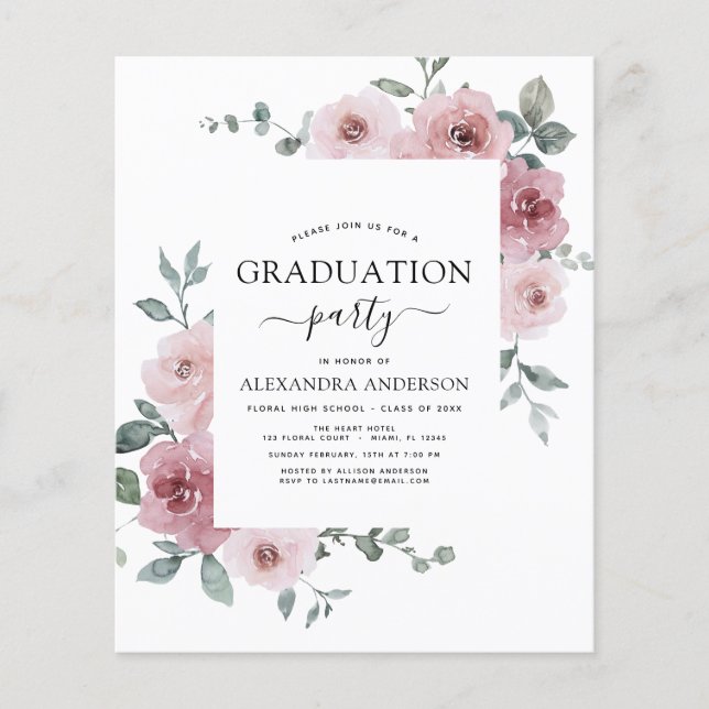 Budget 2023 Dusty Pink Rose Graduation Floral Flyer (Front)