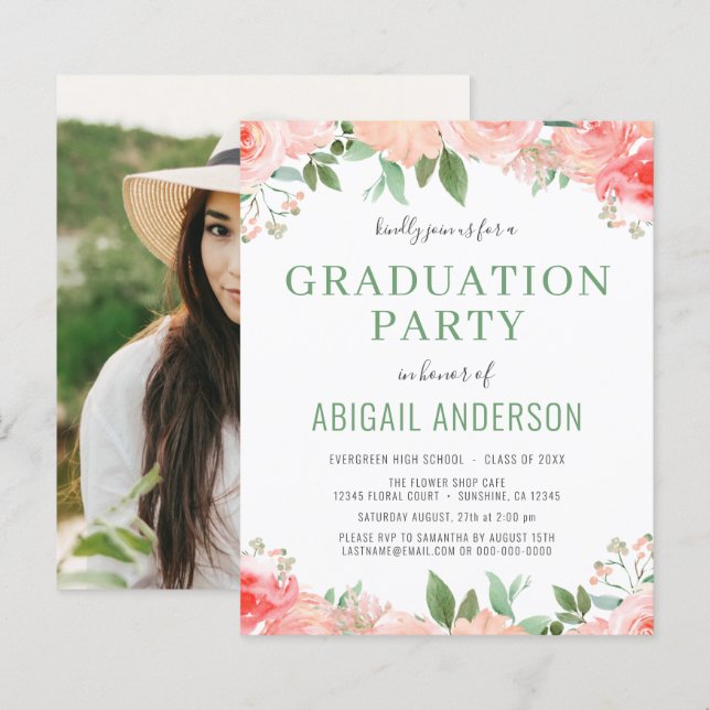 Budget 2023 Floral Photo Graduation Invitation (Front/Back)