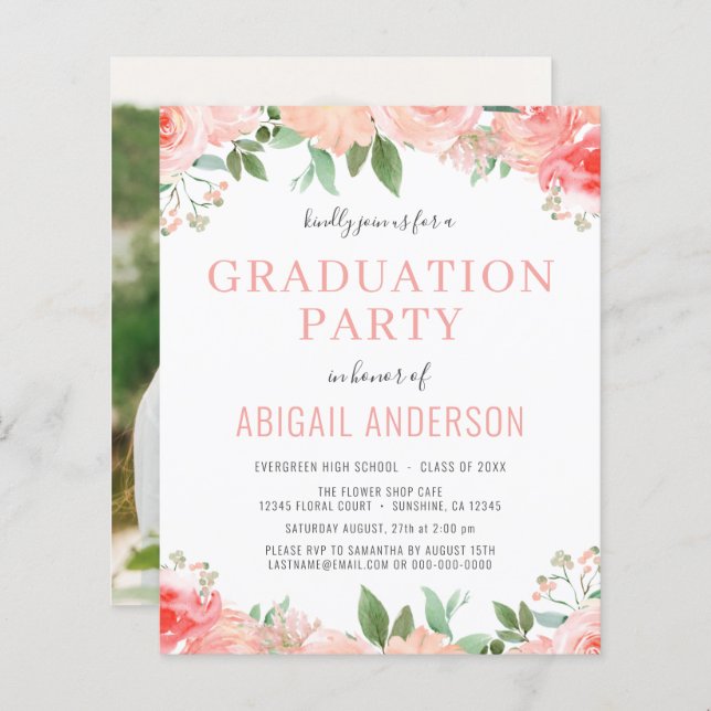 Budget 2023 Pink Floral Grad Party Invitation (Front/Back)