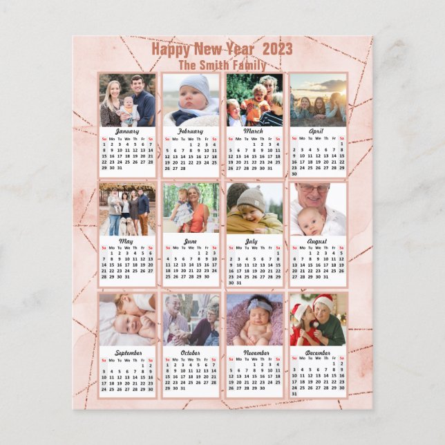 Budget 2023 Rose Gold Modern Photo Calendar Card (Front)