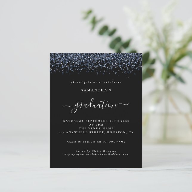 Budget 2024 Grad Party Blue Glitter Black Invite (Standing Front)