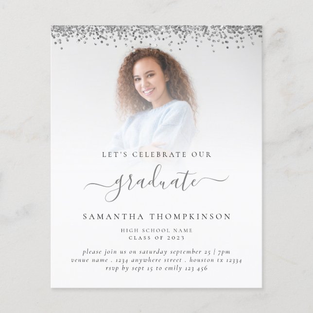 Budget 2024 Grad Photo Silver Glitter Invitation (Front)