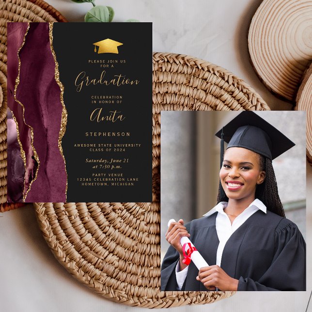 Budget 2024 Graduation Burgundy Agate Photo Invite (Creator Uploaded)