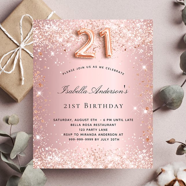 Budget 21st birthday blush pink glitter invitation (Creator Uploaded)