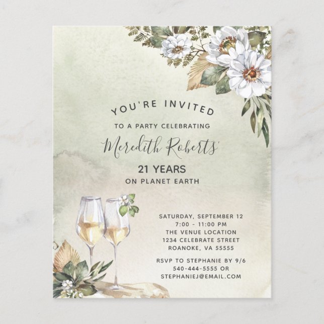 Budget 21st Birthday Champagne Toast Floral Invite (Front)