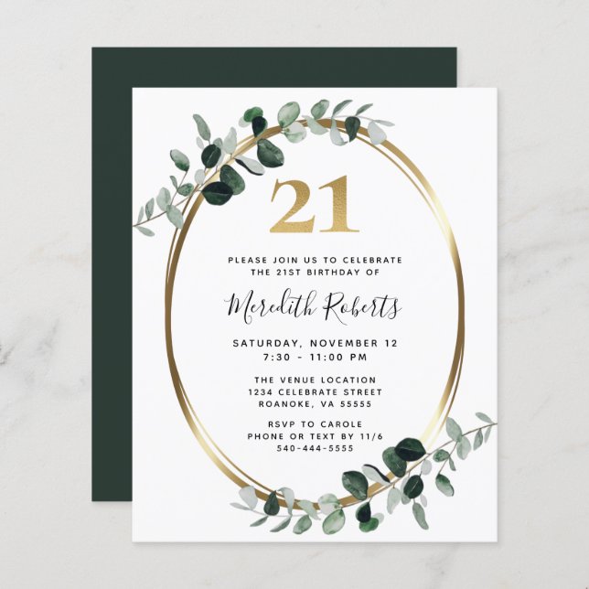 Budget 21st Birthday Eucalyptus Gold Party Invite (Front/Back)