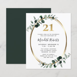 Budget 21st Birthday Eucalyptus Gold Party Invite