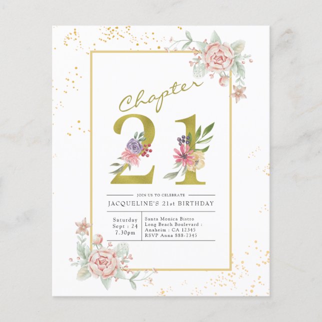 Budget 21st Birthday Floral Gold Script Invitation Flyer (Front)