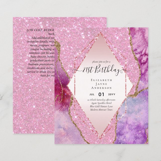 BUDGET 21st Birthday Glittery AGATE Sparkle Invite (Front/Back)