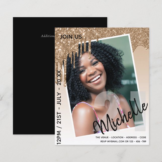 BUDGET 21st Birthday PHOTO Dripping Glitter Invite (Front/Back)