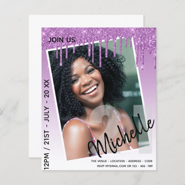 BUDGET 21st Birthday PHOTO Dripping Glitter Invite (Front/Back)