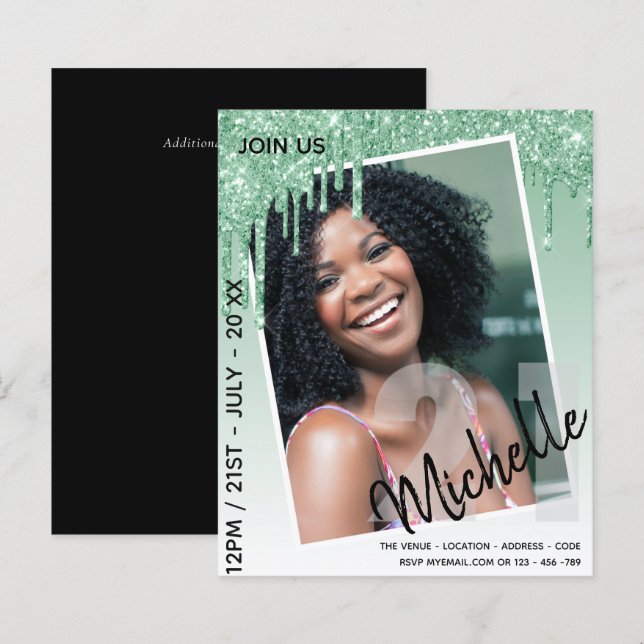 BUDGET 21st Birthday PHOTO Dripping Glitter Invite (Front/Back)