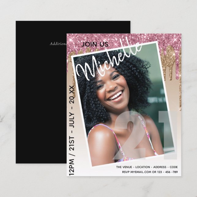 BUDGET 21st Birthday PHOTO Dripping Glitter Invite (Front/Back)