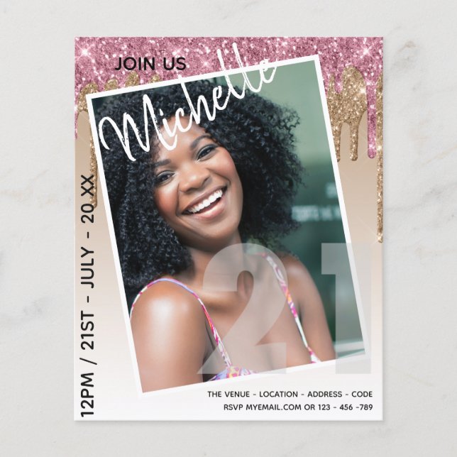 BUDGET 21st Birthday PHOTO Dripping Glitter Invite Flyer (Front)
