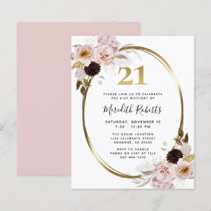 Budget 21st Birthday Rose Floral Gold Party Invite