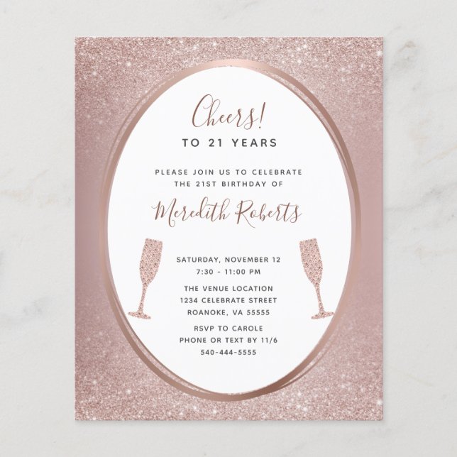 Budget 21st Birthday Rose Gold Champagne Invite (Front)