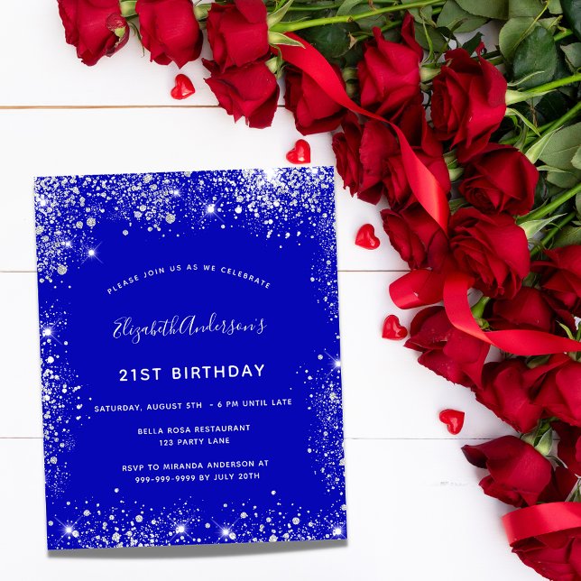 Budget 21st birthday royal blue silver invitation (Creator Uploaded)
