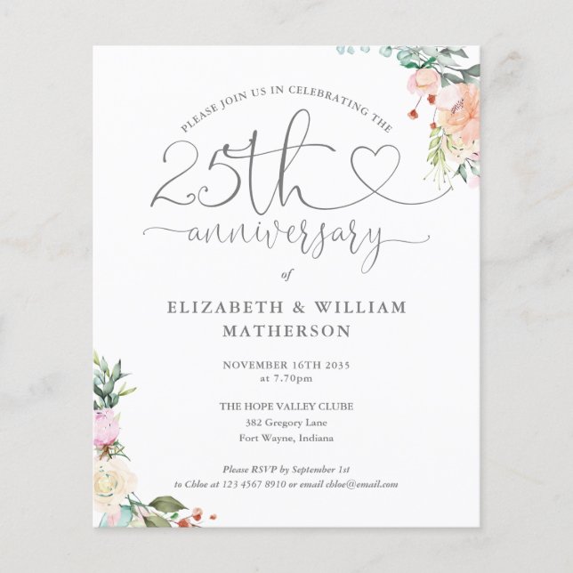 Budget 25th Anniversary Heart Floral Invitation (Front)