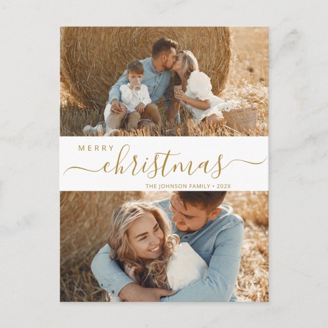 Budget 2 Photo Collage Script Christmas Holiday Postcard (Front)