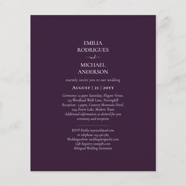 BUDGET 2in1 Bilingual Wedding Invite Plum Purple Flyer (Front)
