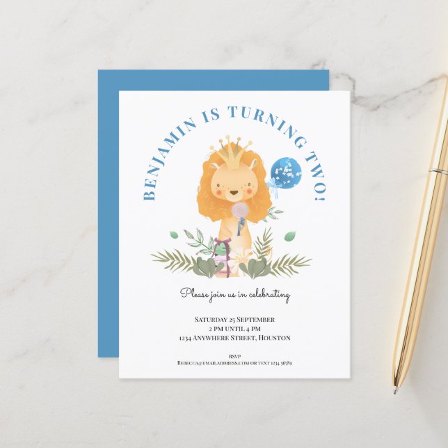 Budget 2nd Birthday Lion Boys Party Invitation (Front/Back In Situ)
