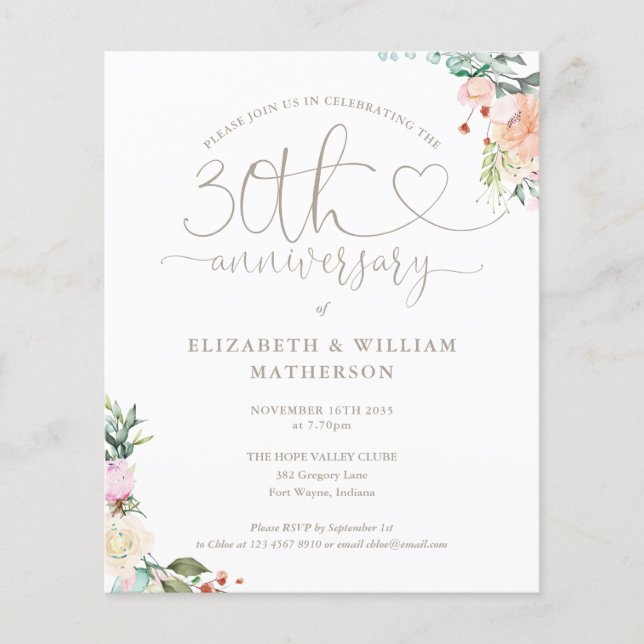 Budget 30th Anniversary Heart Floral Invitation (Front)