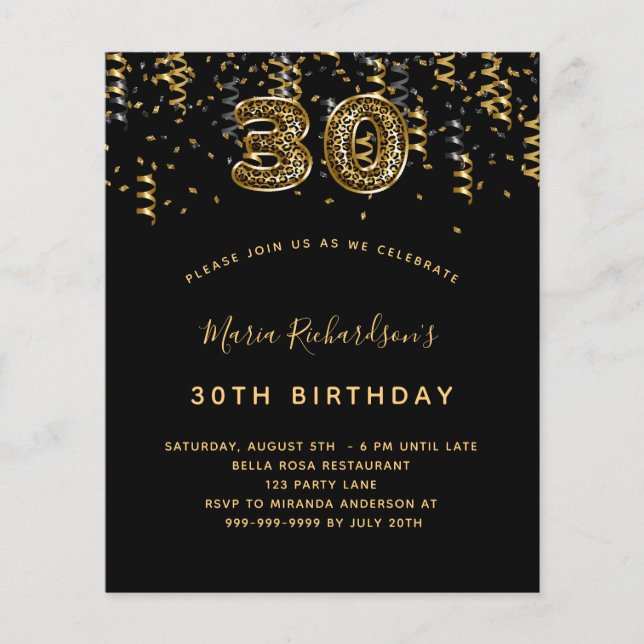 Budget 30th birthday black gold leopard party (Front)
