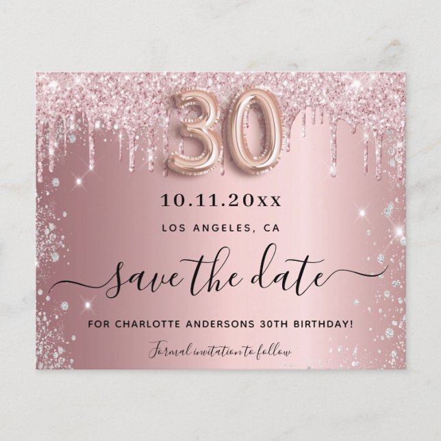 Budget 30th birthday blush glitter save the date (Front)