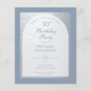 Budget 30th Birthday Dusty Blue Silver Invitation