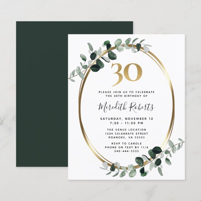 Budget 30th Birthday Eucalyptus Gold Party Invite (Front/Back)