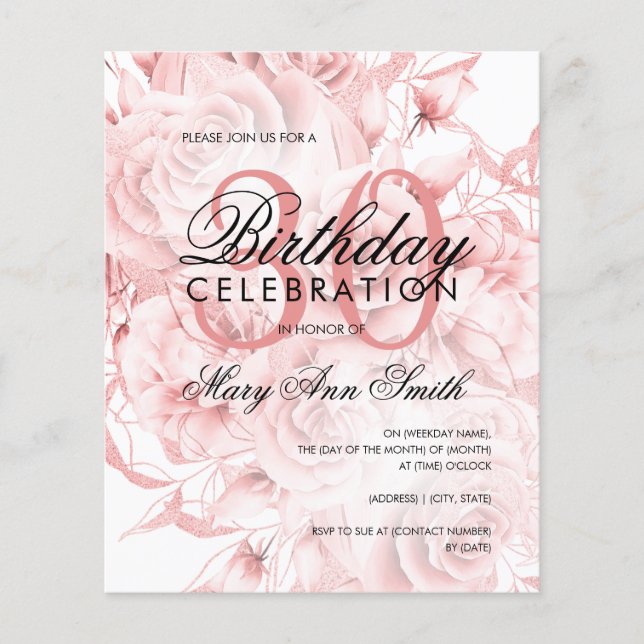Budget 30th Birthday Floral Rose Gold Invite (Front)