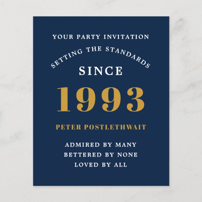 Budget 30th Birthday Invitation 1993 Blue Gold Flyer (Front)