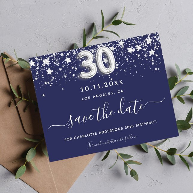 Budget 30th birthday navy blue silver save date (Creator Uploaded)
